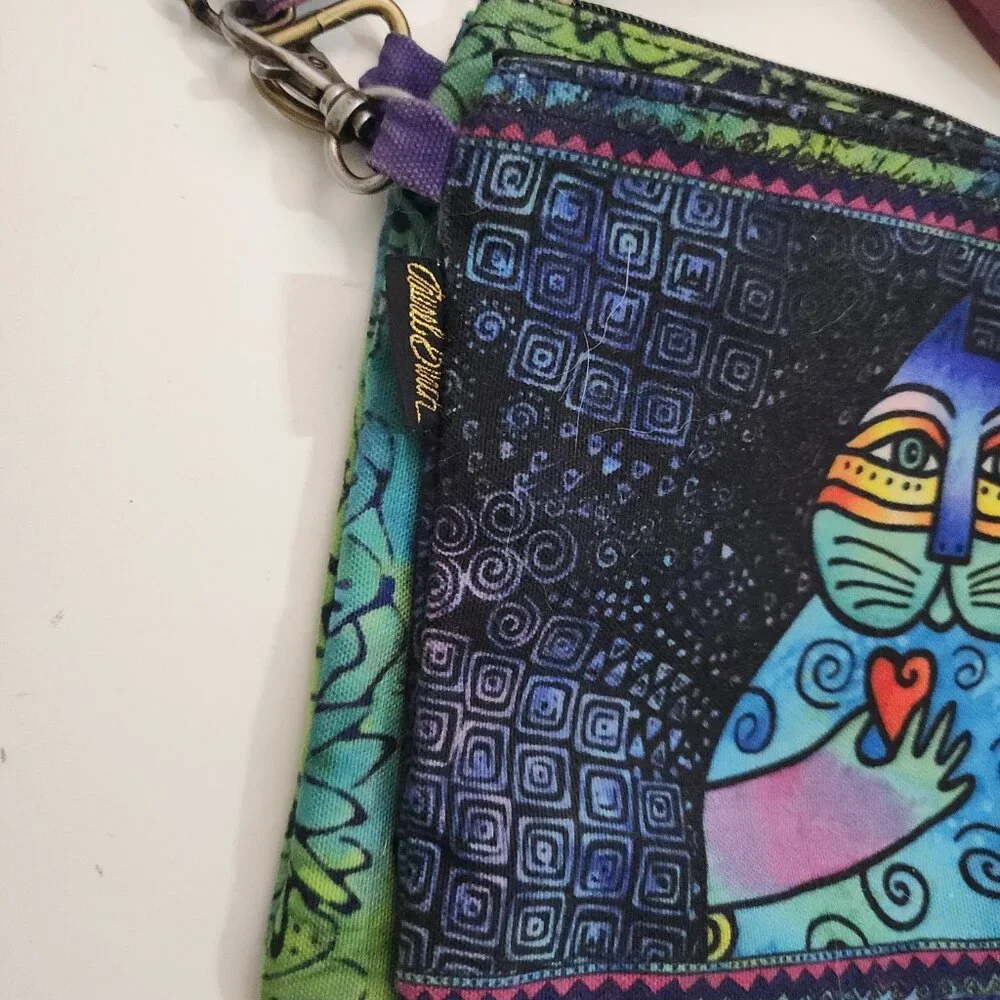 Laurel Burch "Wishing Love Cat" Canvas Crossbody Purse Blue and Green - Picture 4 of 10